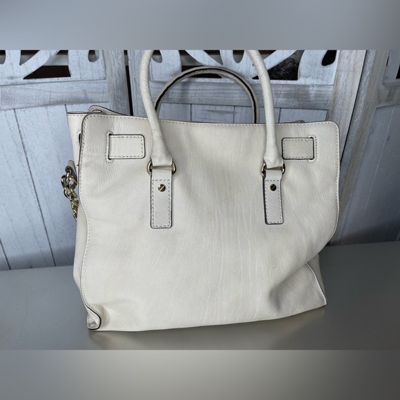 Michael Kors Hamilton Large Vanilla Cream Leather Gold Lock Tote Bag Purse - Picture 2 of 9